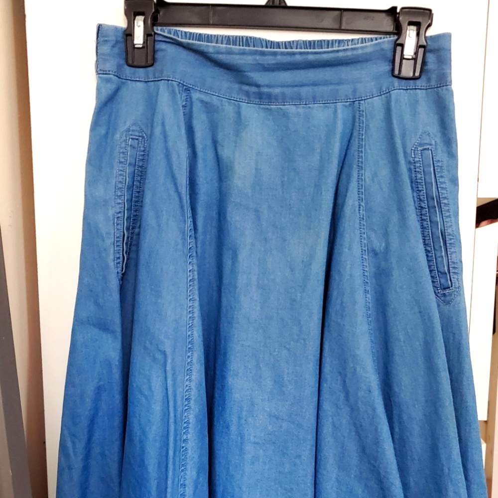 C&A Blue Denim Skirt Below-the-Knee Midi A-Line with Pockets